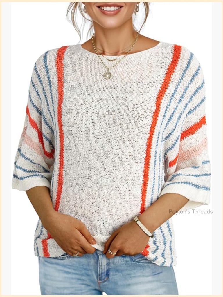 Lightweight Acrylic Pullover Sweater With 3/4 Sleeves And Crew Neck